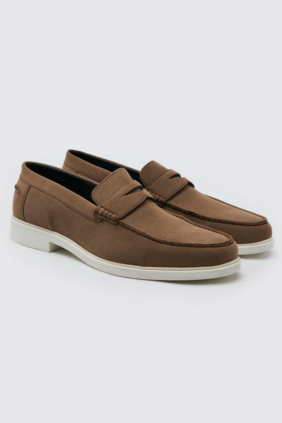 Brown Faux Suede Contrast Sole Penny Loafer image number 1
