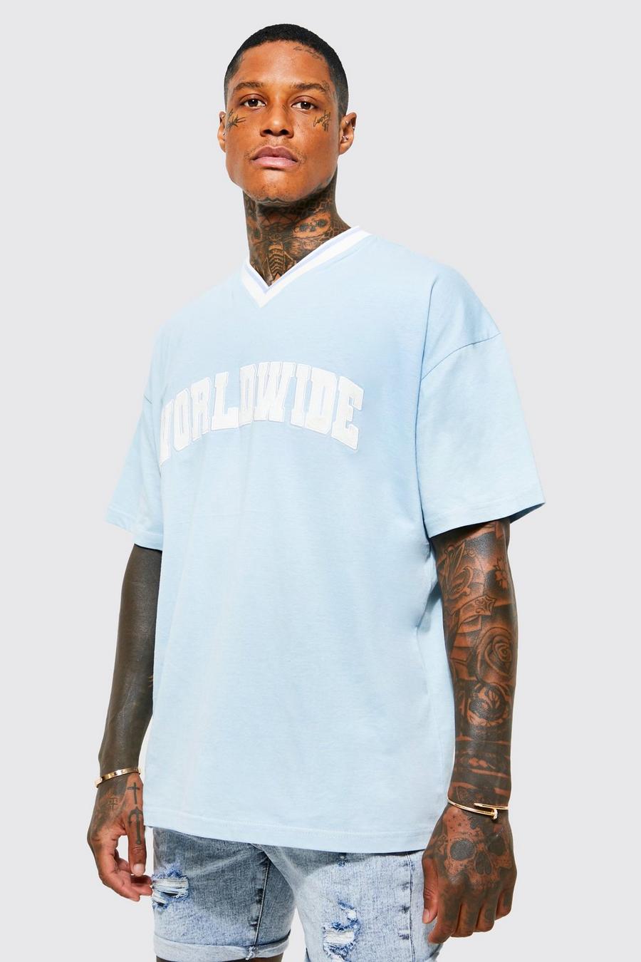 Blue Oversized Worldwide Applique V Neck T-shirt