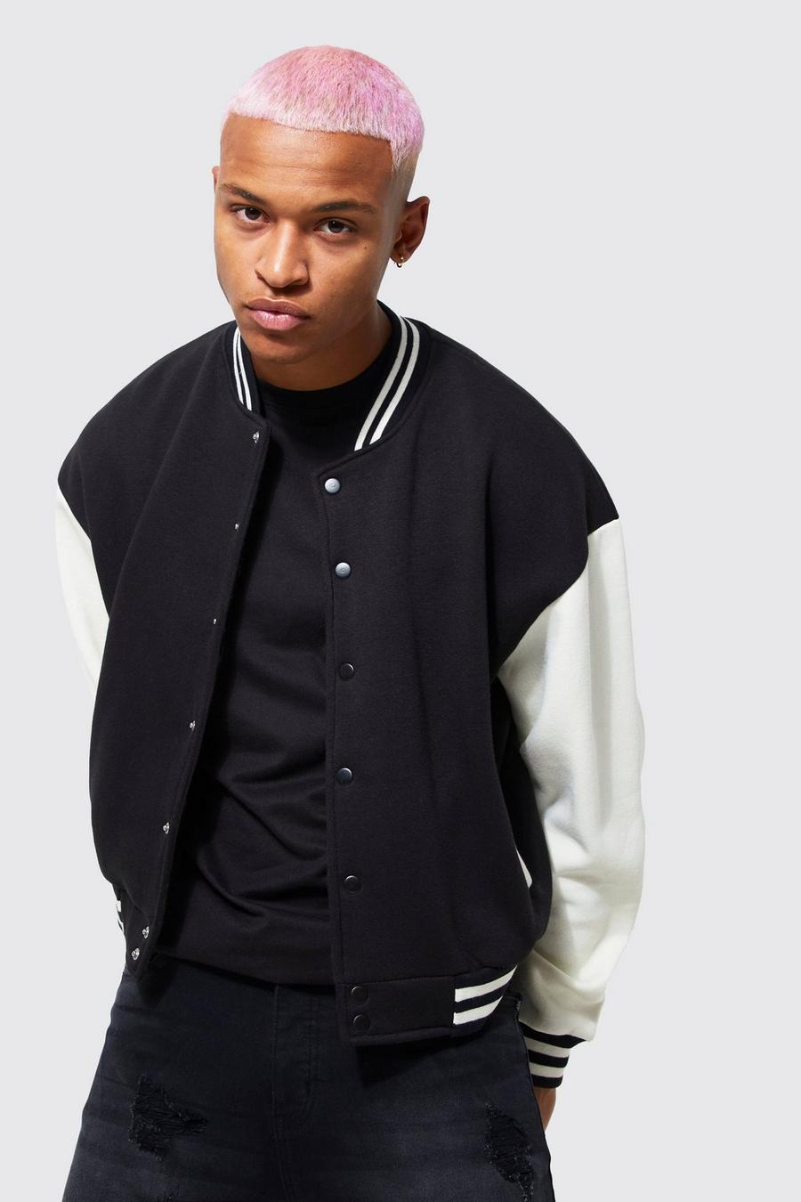 Black Boxy Jersey Bomber With Contrast Sleeve  image number 1