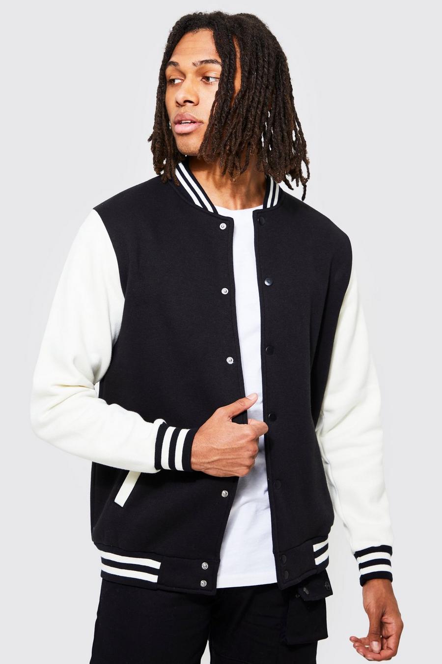 Black Jersey Bomber With Contrast Sleeve And Sport Rib image number 1
