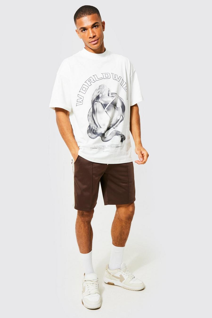Set T-shirt oversize con serpente & pantaloncini in tricot, Chocolate marrone