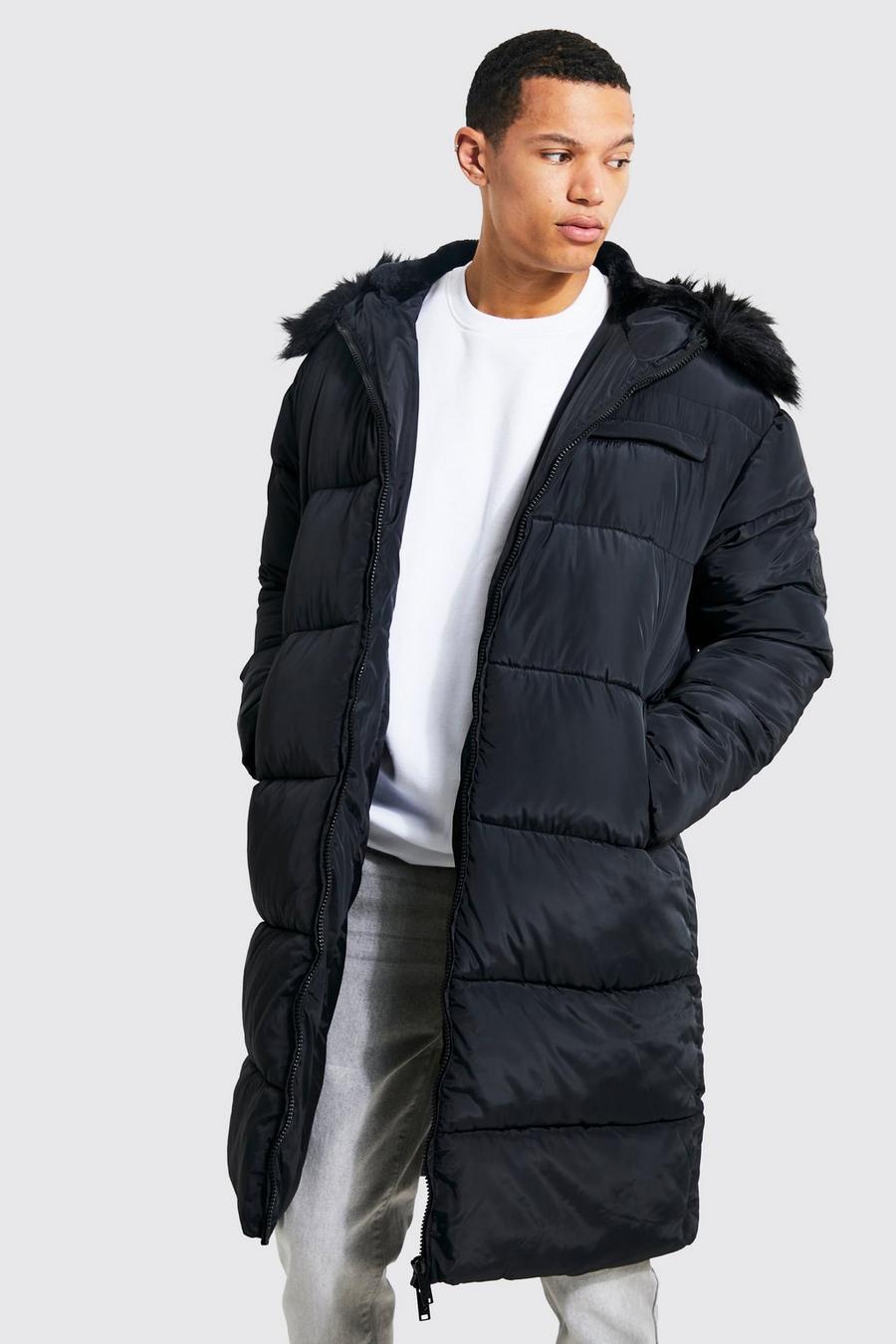 Black negro Tall Longline Faux Fur Hooded Puffer image number 1