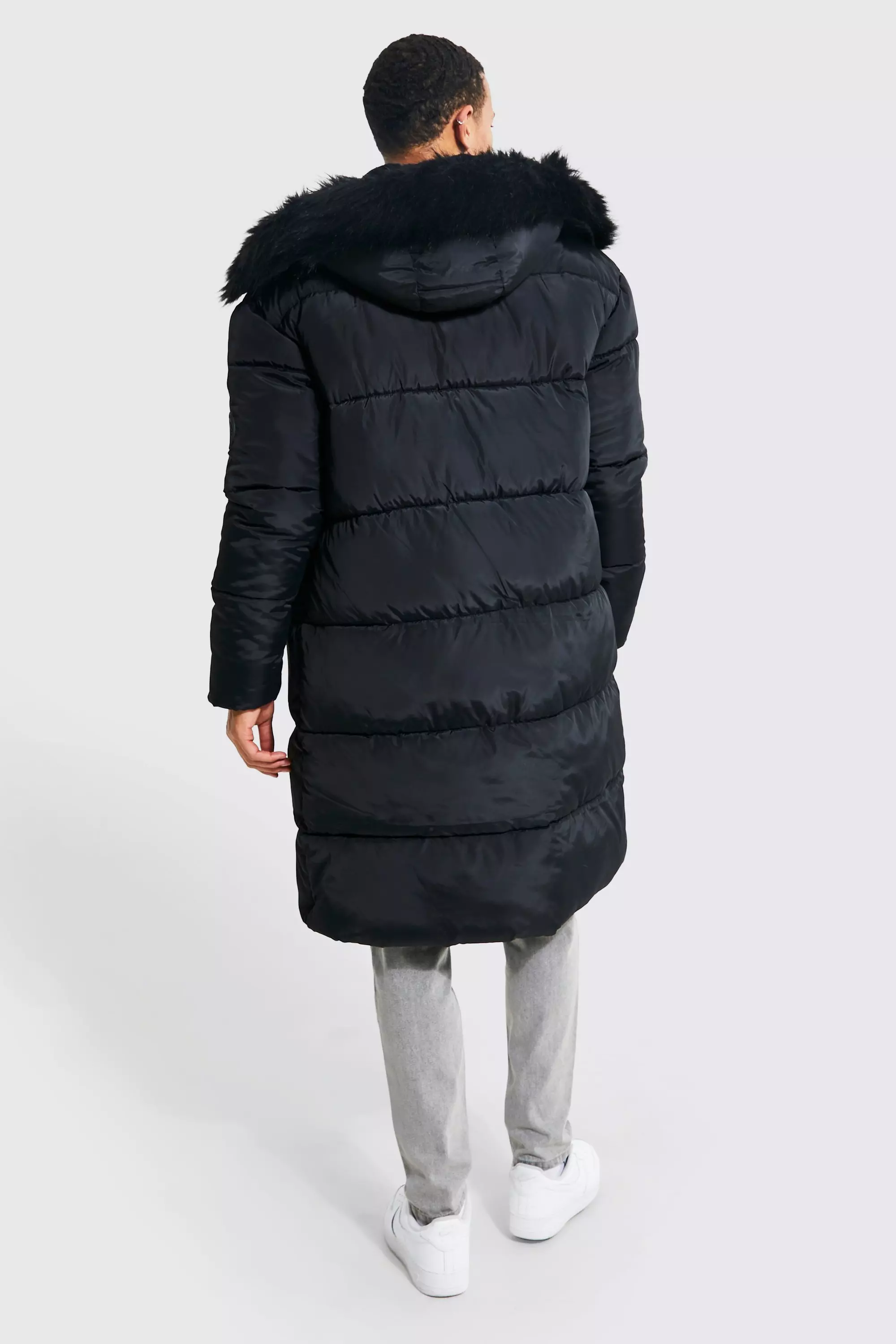 Longline faux fur hooded puffer coat cheap