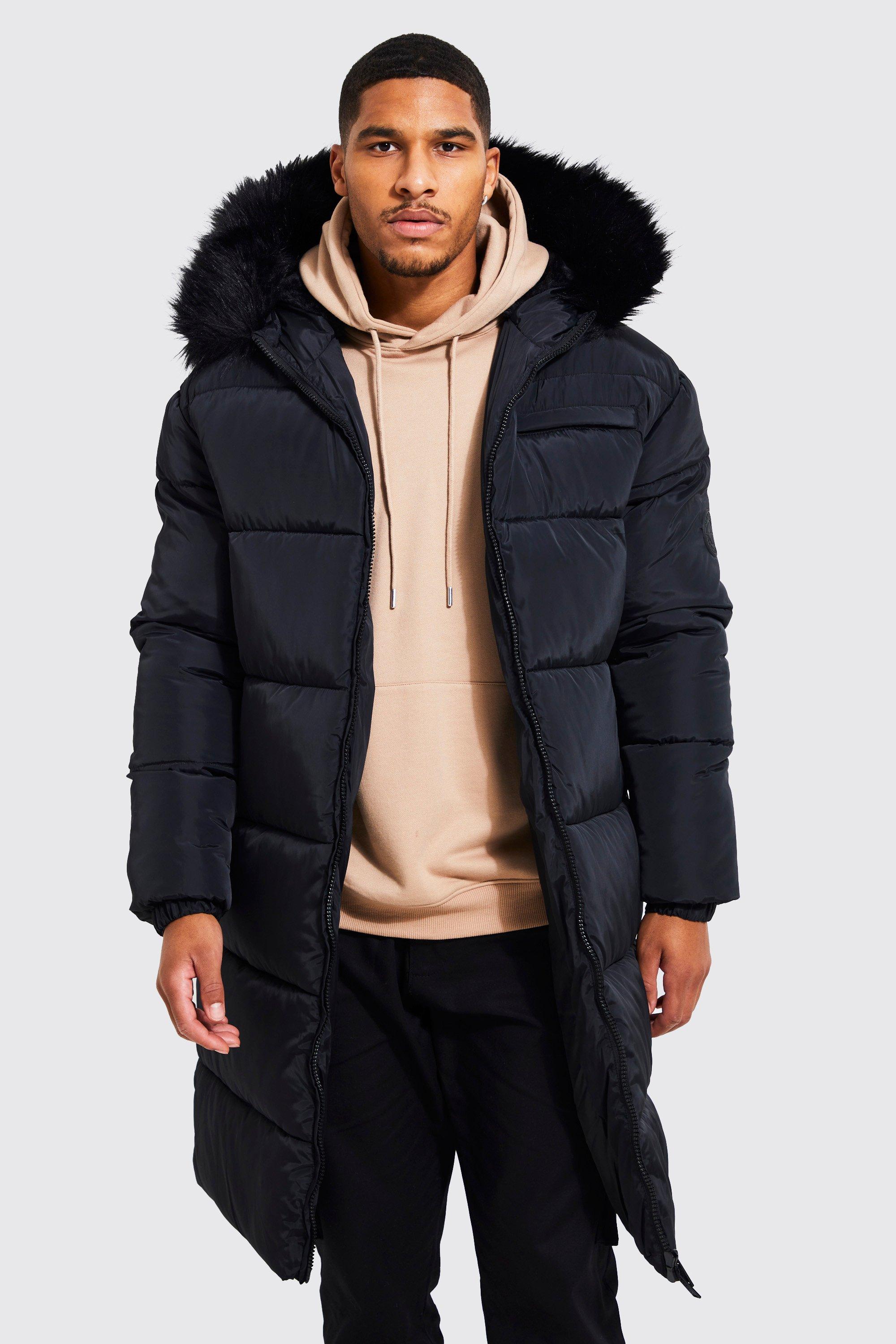 Mens long coat store with fur hood