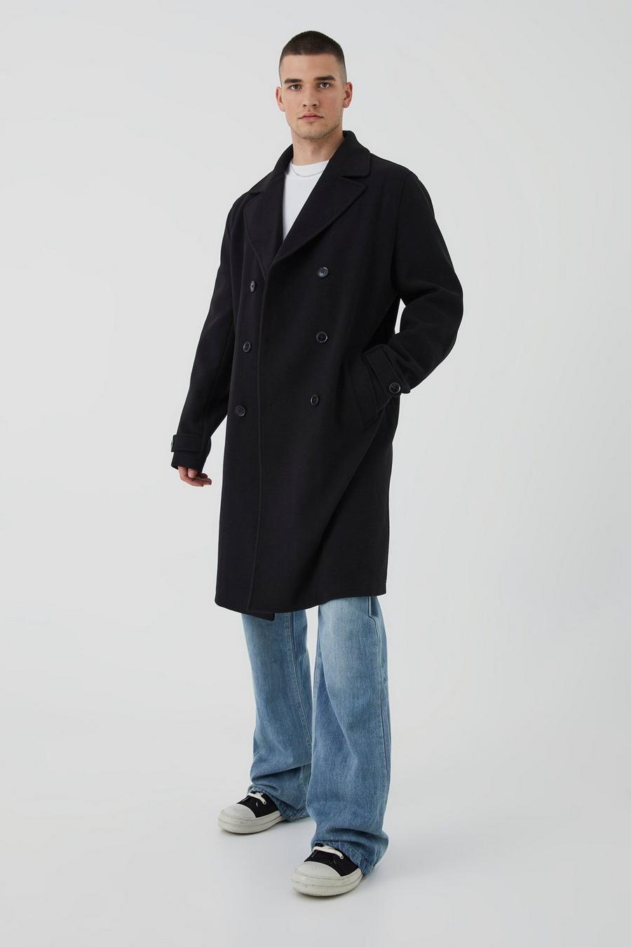Men's Tall Double Breasted Wool Look Overcoat in Black | Boohoo UK