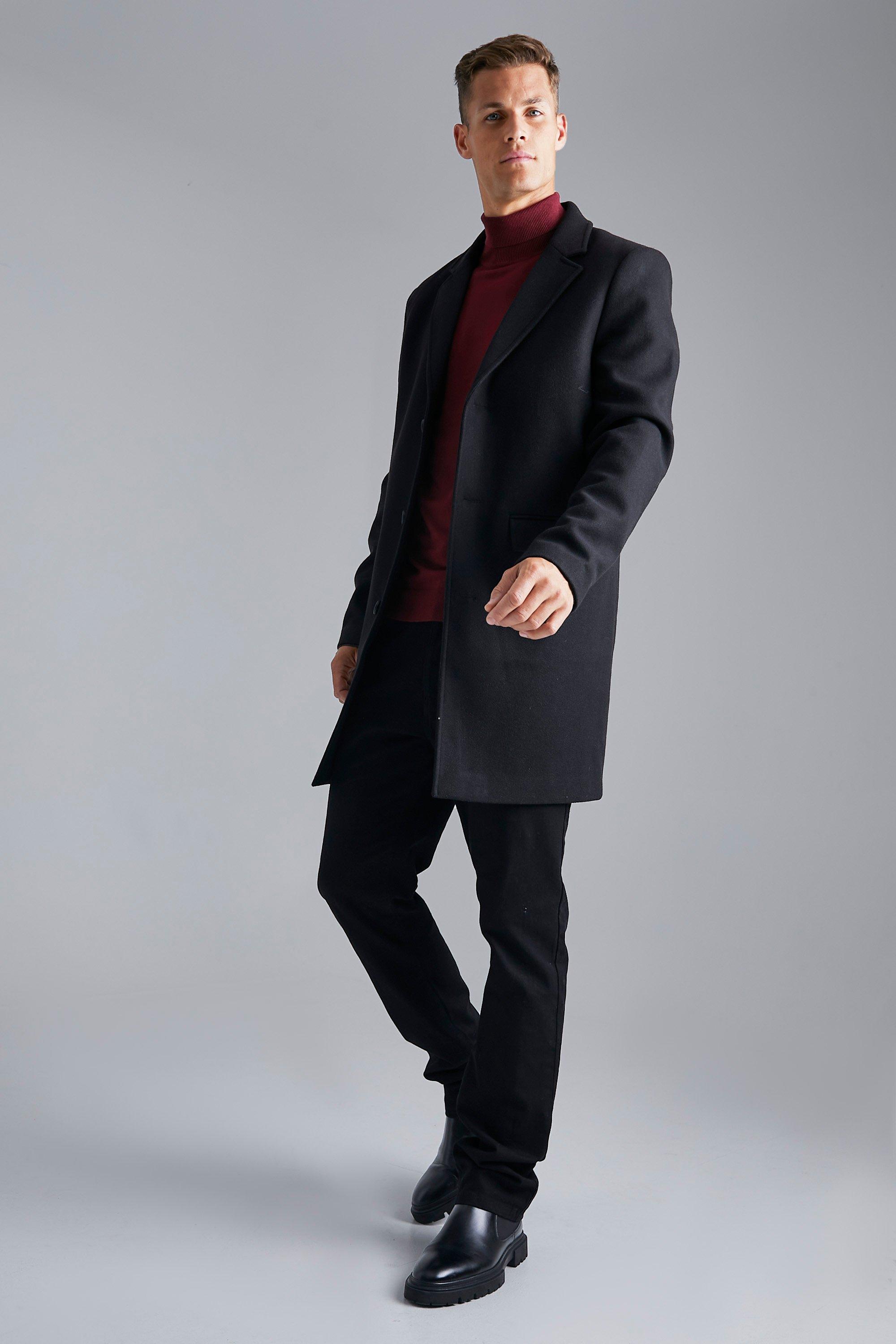 Stylish Wool Black Mens Single Breasted Overcoat - Your Perfect