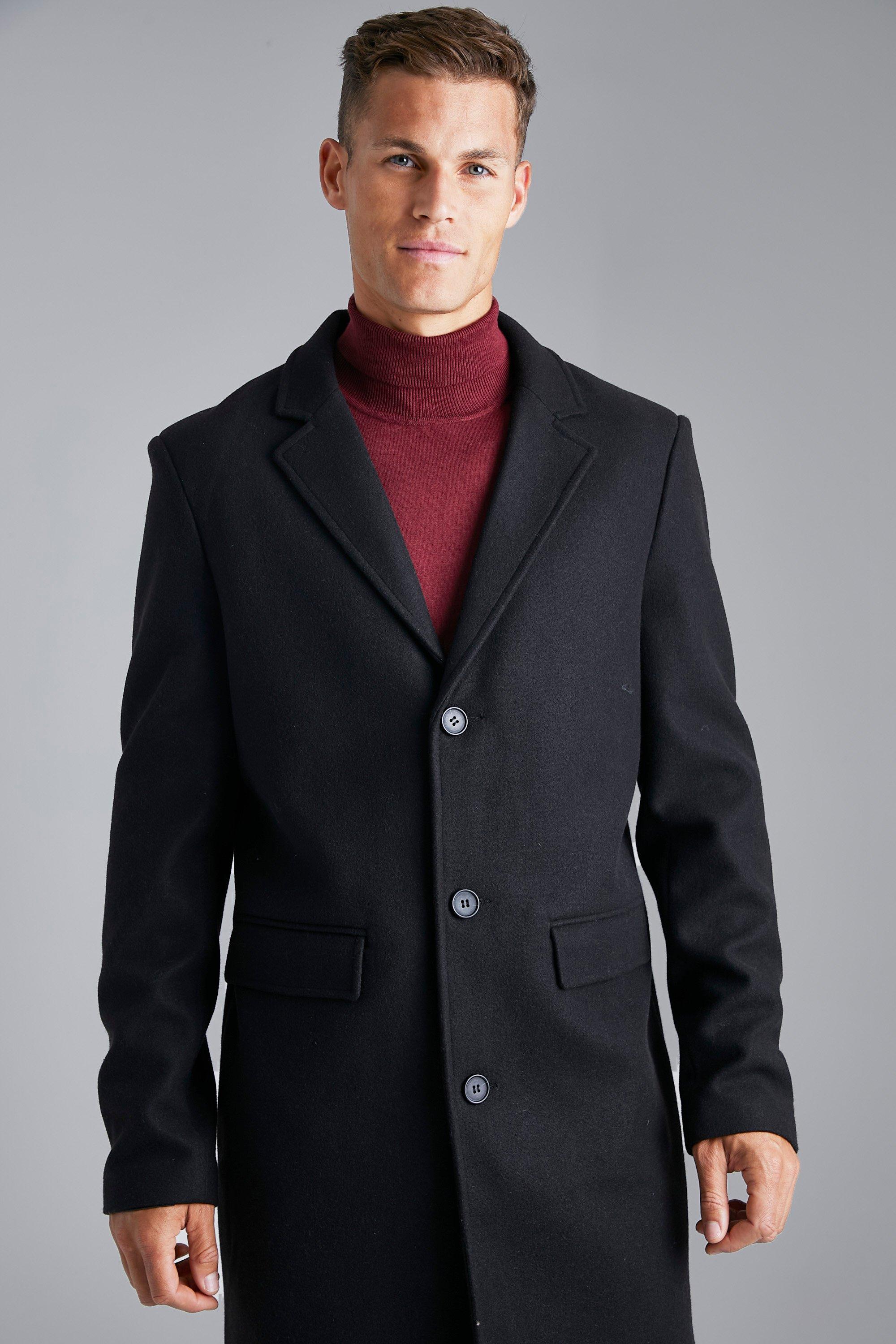 Stylish Wool Black Mens Single Breasted Overcoat - Your Perfect