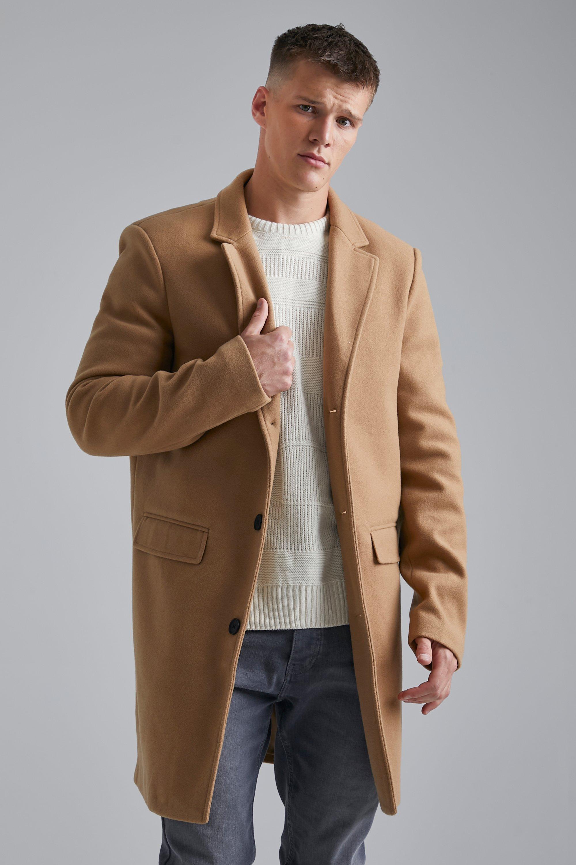 boohoo Mens Tall Double Breasted Wool Look Overcoat - Beige S