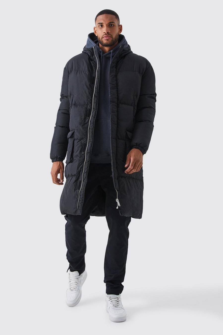Tall 4 Pocket Longline Hooded Puffer Jacket in Black image number 1