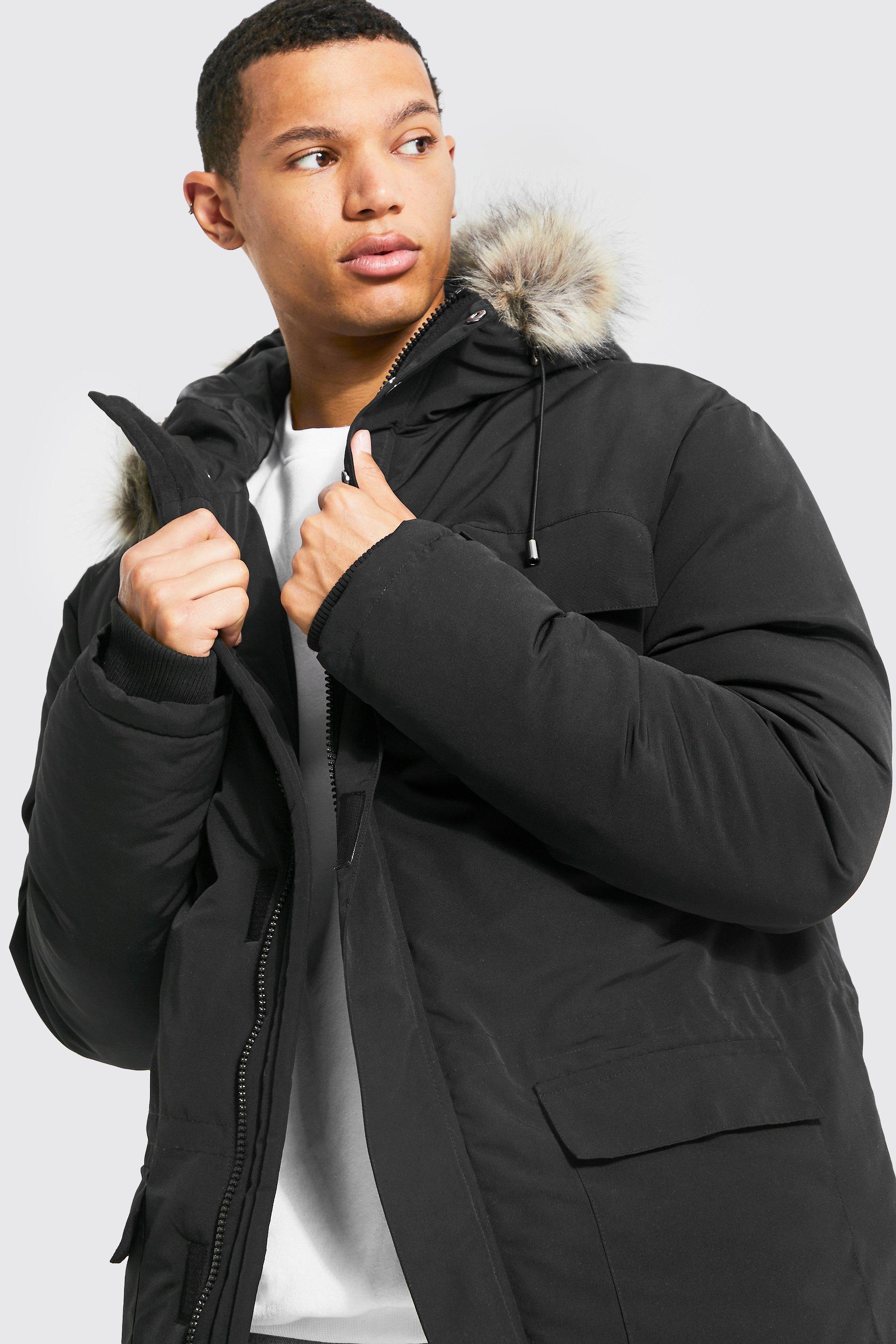 Mens parka with discount faux fur hood