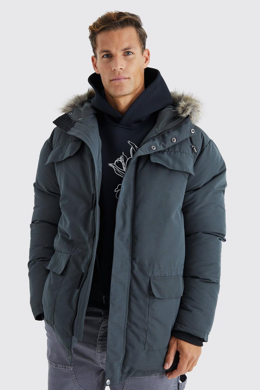 Men's Tall Faux Fur Hooded Arctic Parka Jacket in Charcoal | Boohoo UK