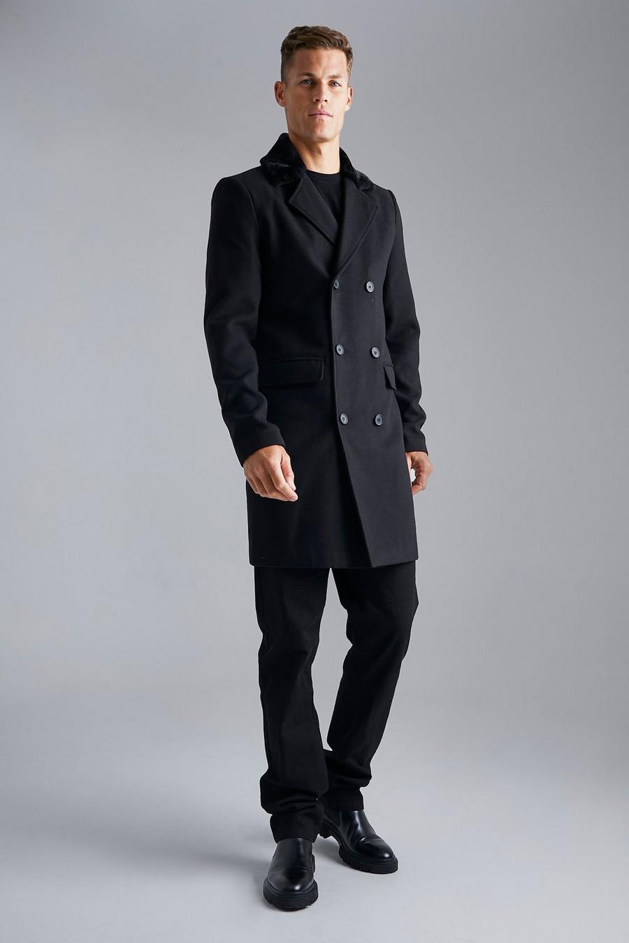 Black Tall Double Breasted Faux Fur Overcoat image number 1