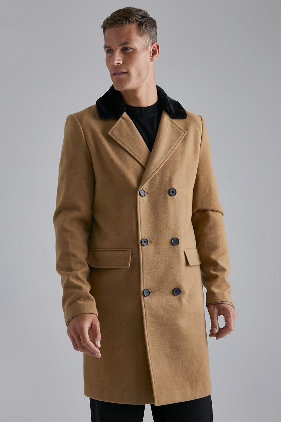 Camel beige Tall Double Breasted Faux Fur Overcoat image number 1