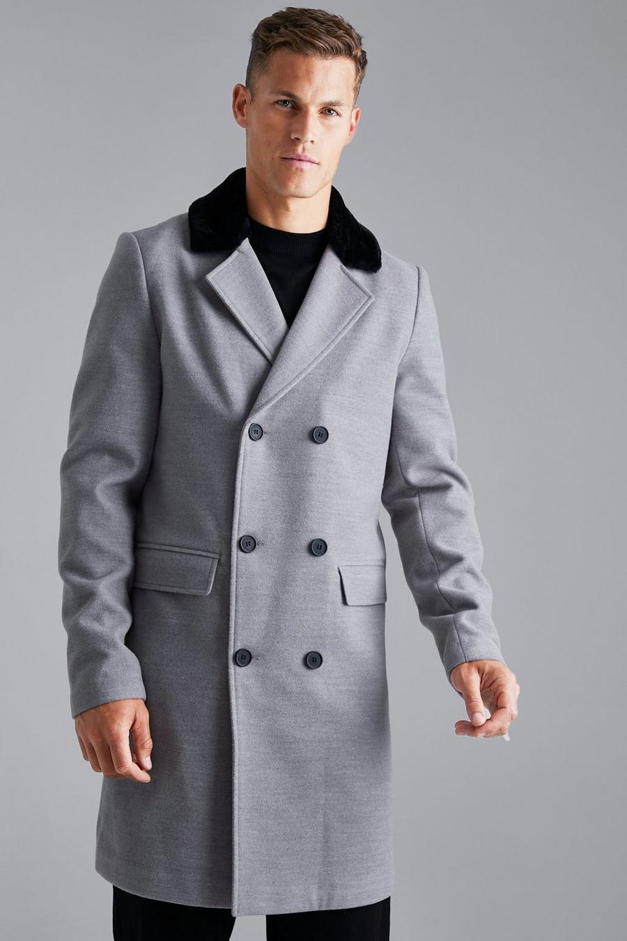 Grey grå Tall Dubbelknäppt överrock i fuskpäls image number 1
