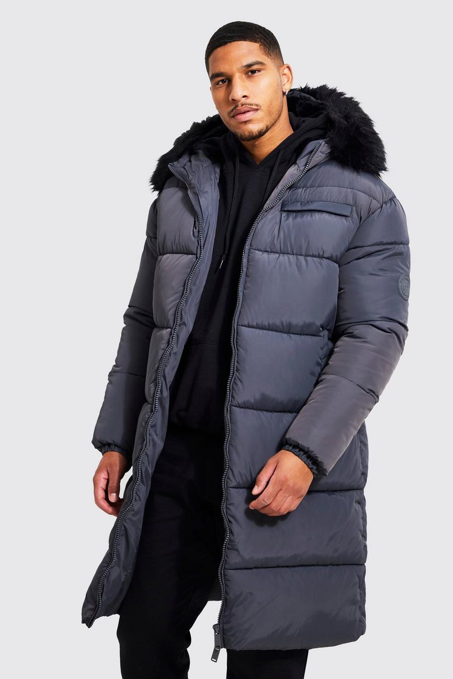 Charcoal Tall Longline Faux Fur Hooded Puffer image number 1