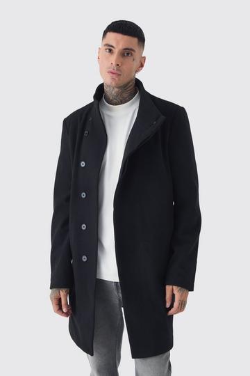 Black Tall Funnel Neck Wool Look Overcoat in Black