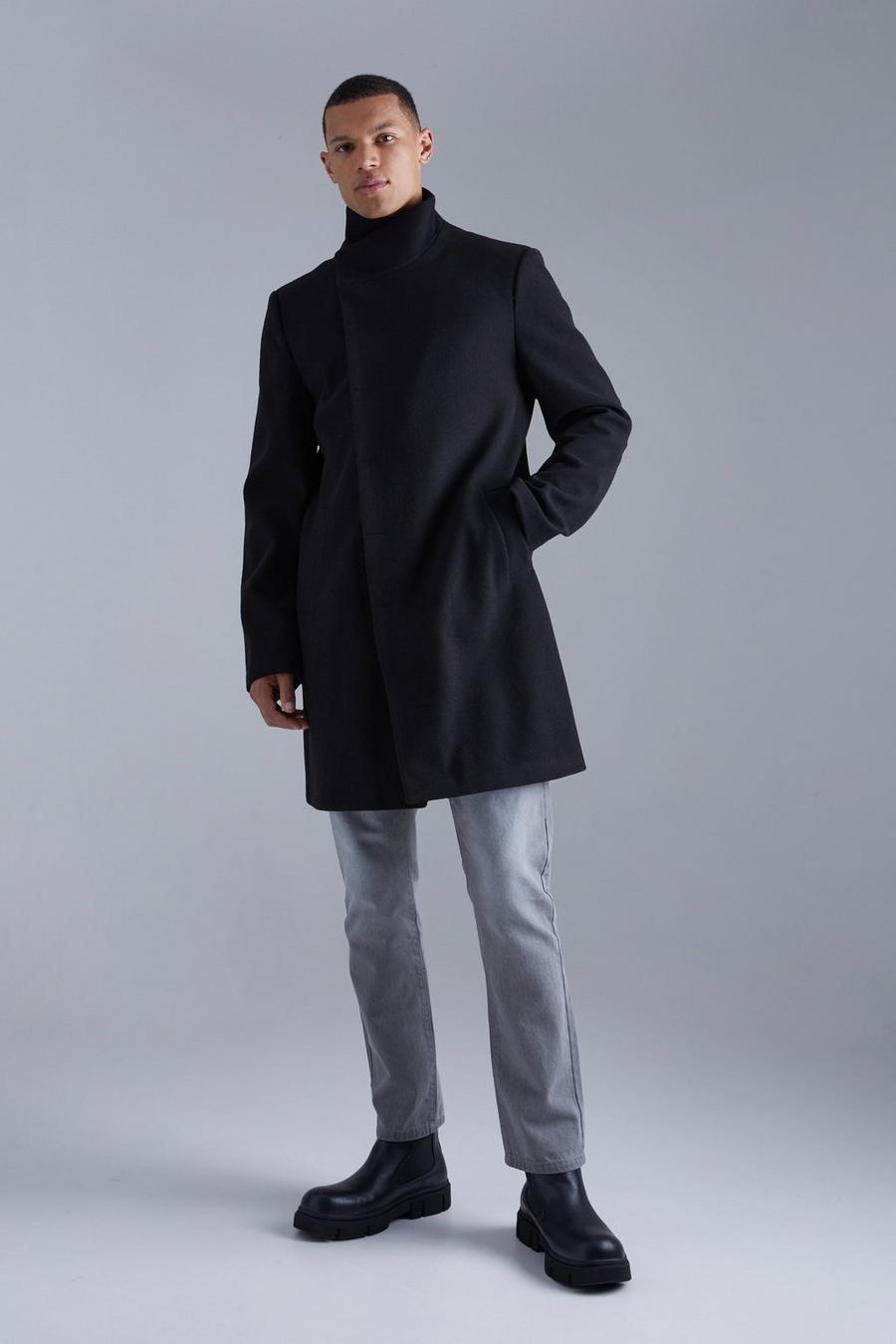 Black Tall Nepwollen Overcoat Met Hoge Kraag image number 1
