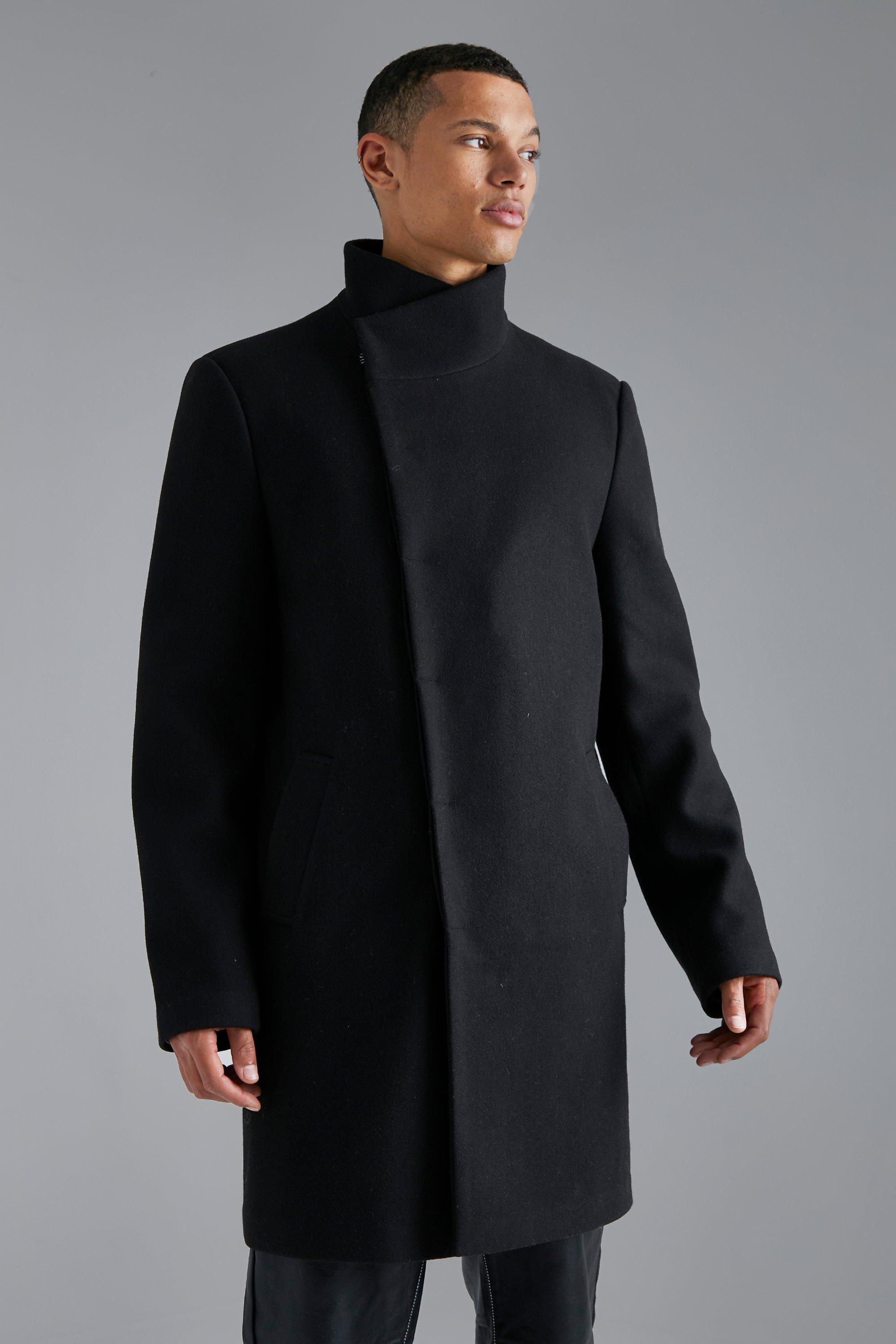 Tall Funnel Neck Wool Look Overcoat in Black