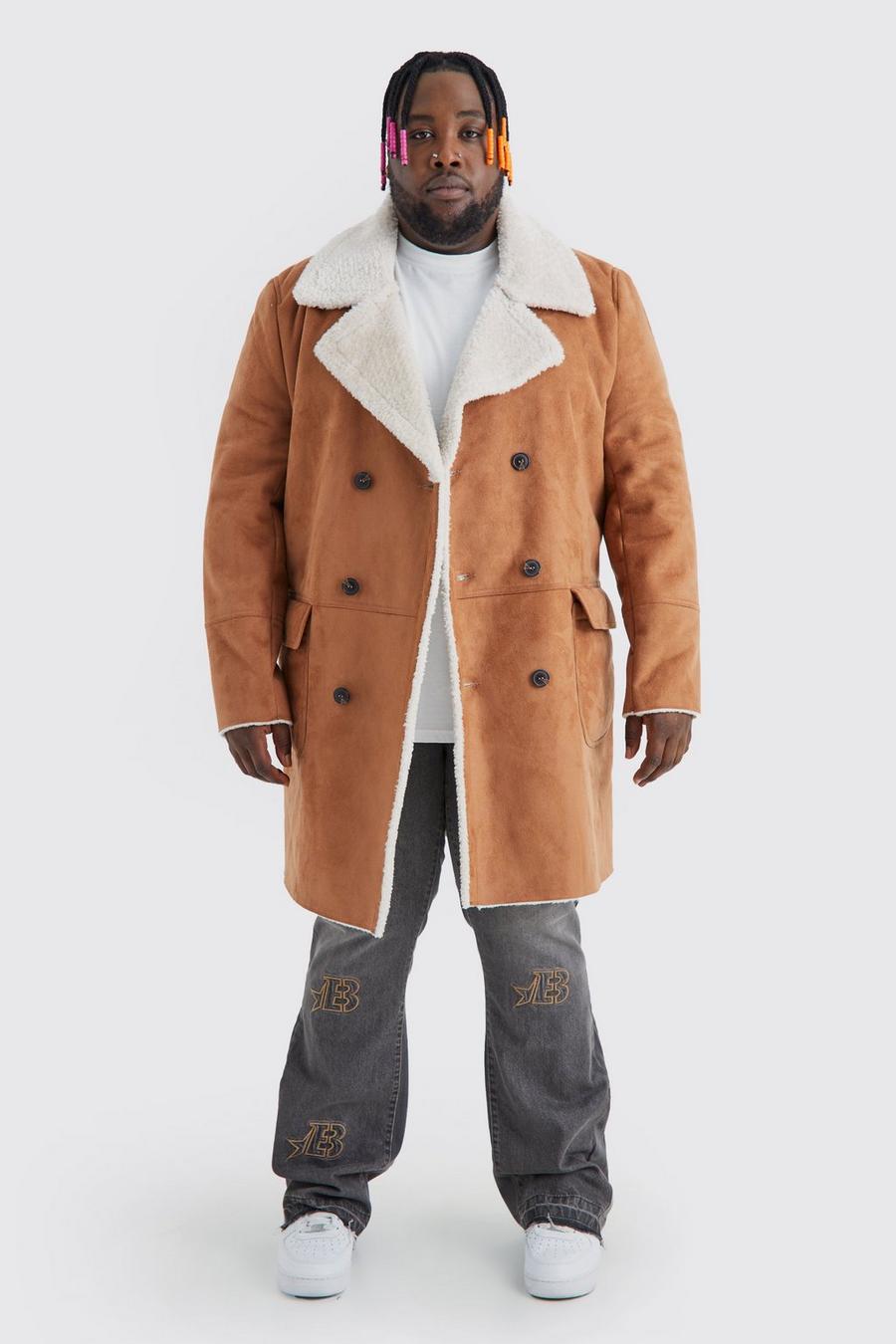 Plus Borg Lined Double Breasted Overcoat in Tan image number 1