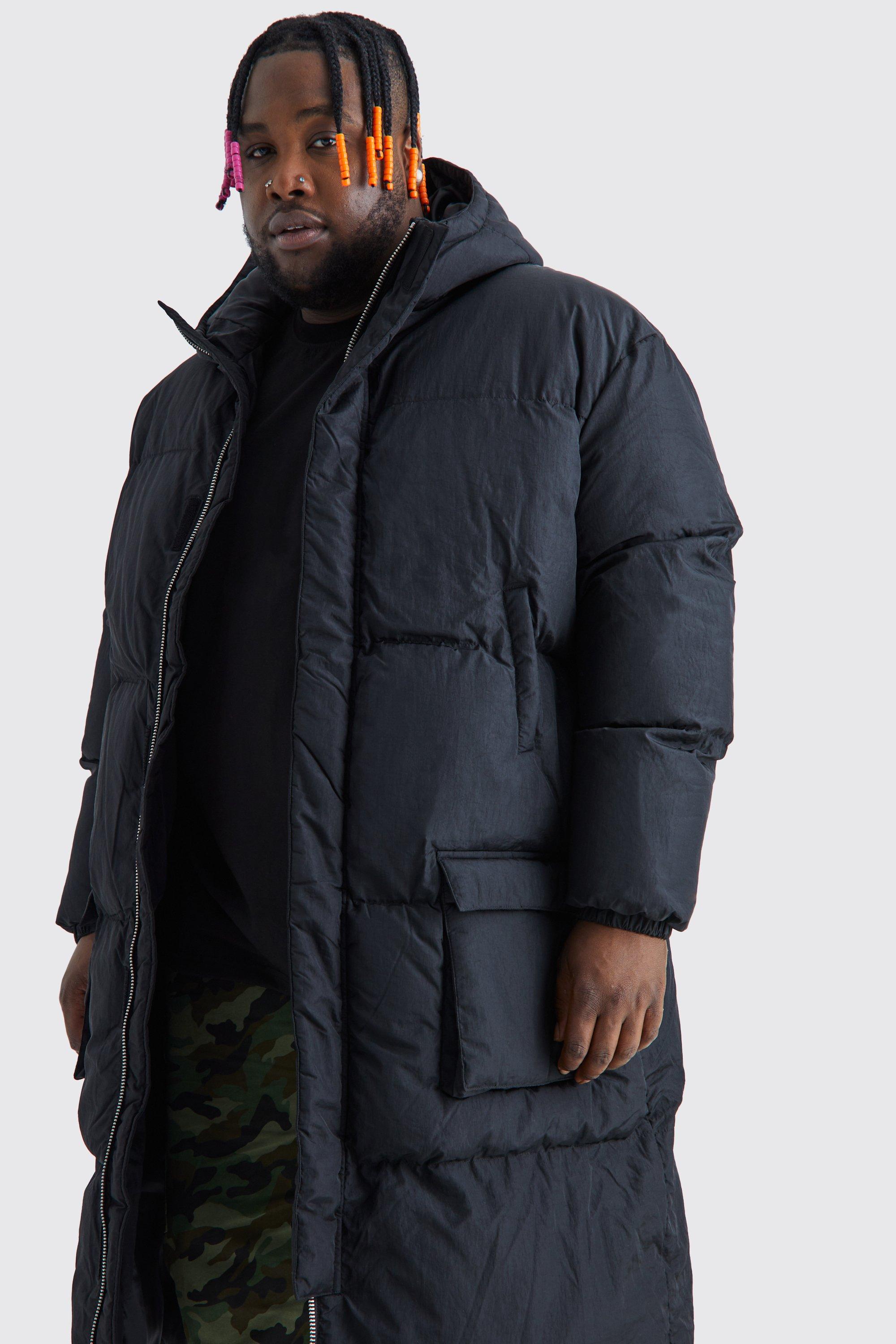 Mens Black Longline Hooded Puffer Coat