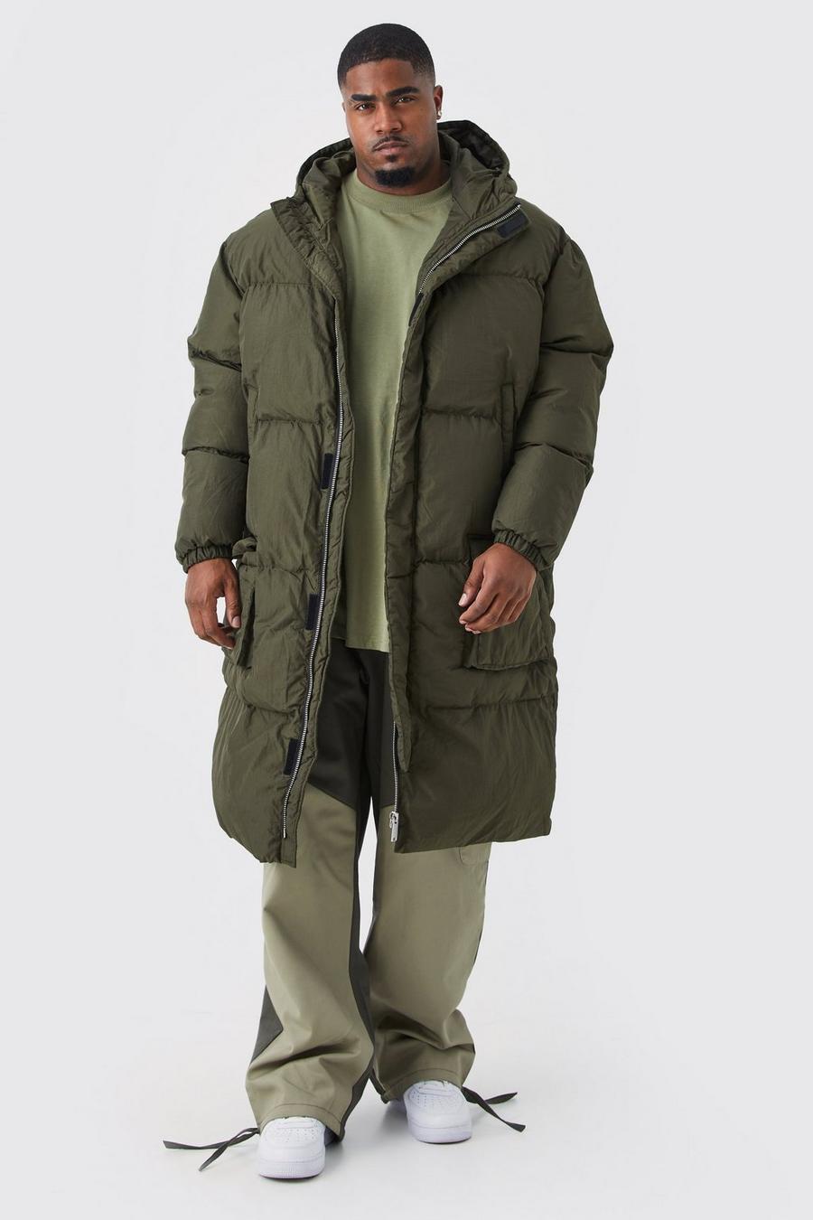 Plus 4 Pocket Longline Hooded Puffer Jacket in Khaki image number 1