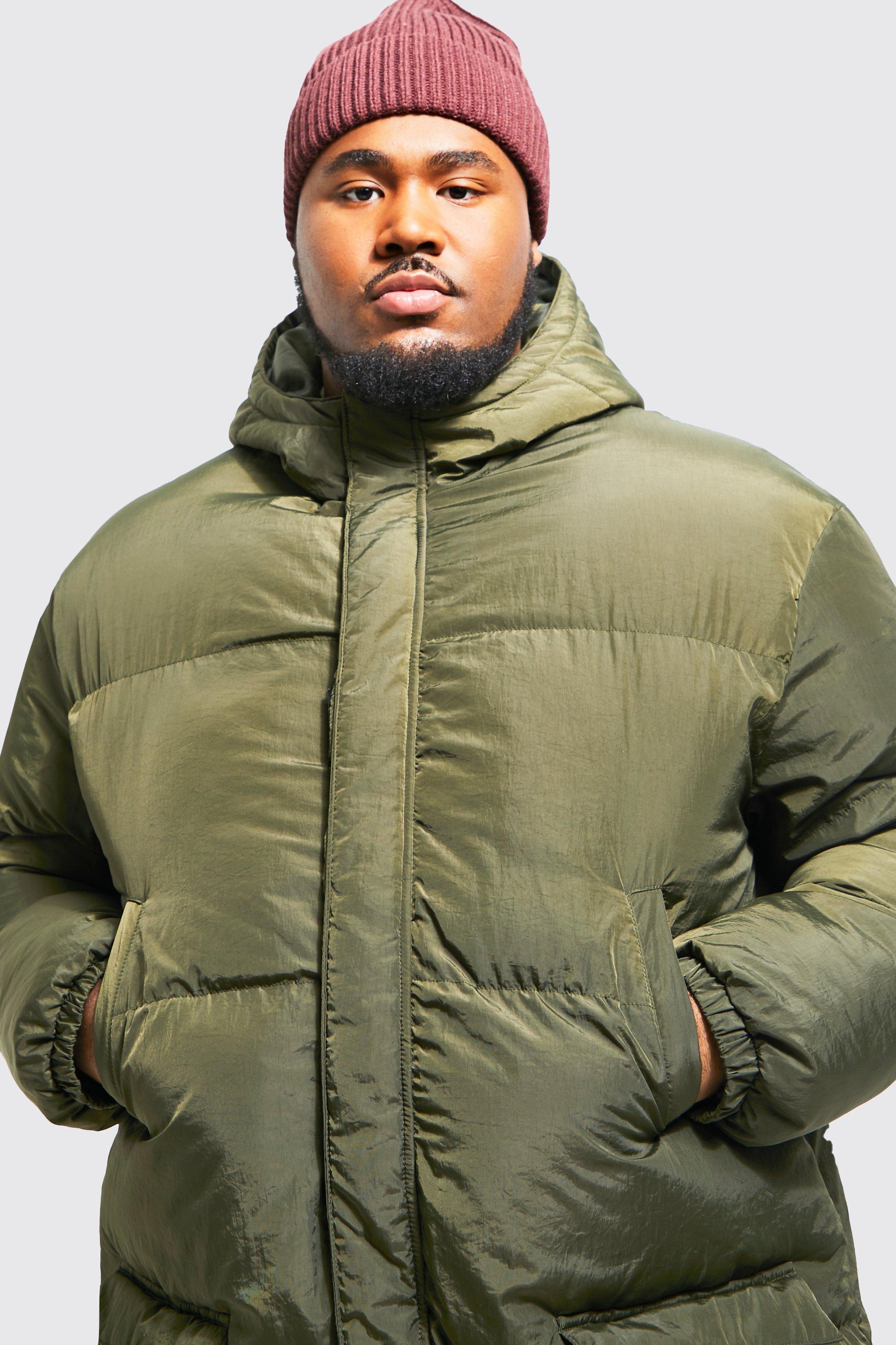 Plus 4 Pocket Longline Hooded Puffer Jacket in Khaki