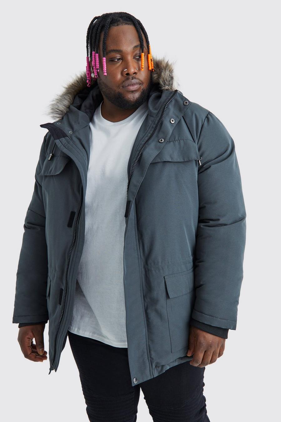 Plus Faux Fur Hooded Arctic Parka Jacket in Charcoal