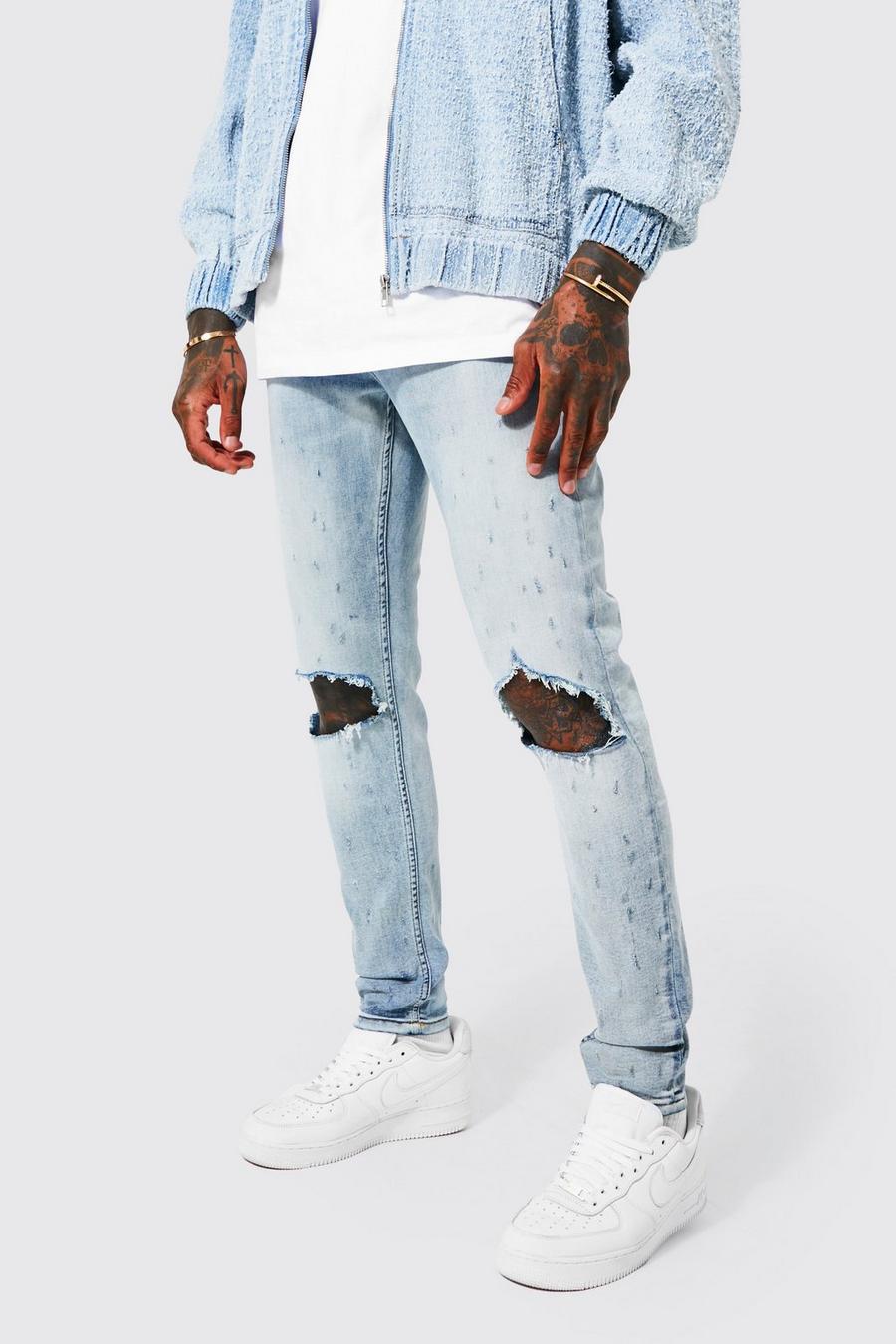 Jeans Skinny Fit in Stretch con smagliature e spacco sul ginocchio, Antique blue image number 1