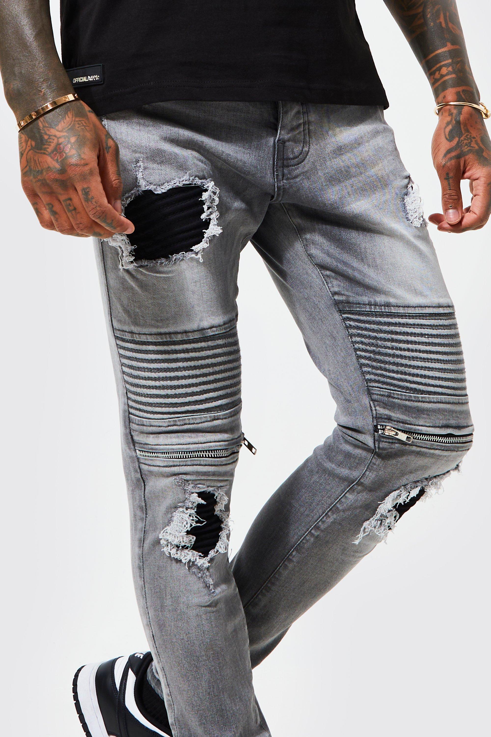 Ordsprog Bunke af Deqenereret Skinny Stretch Rip & Repair Zip Biker Jeans | boohoo