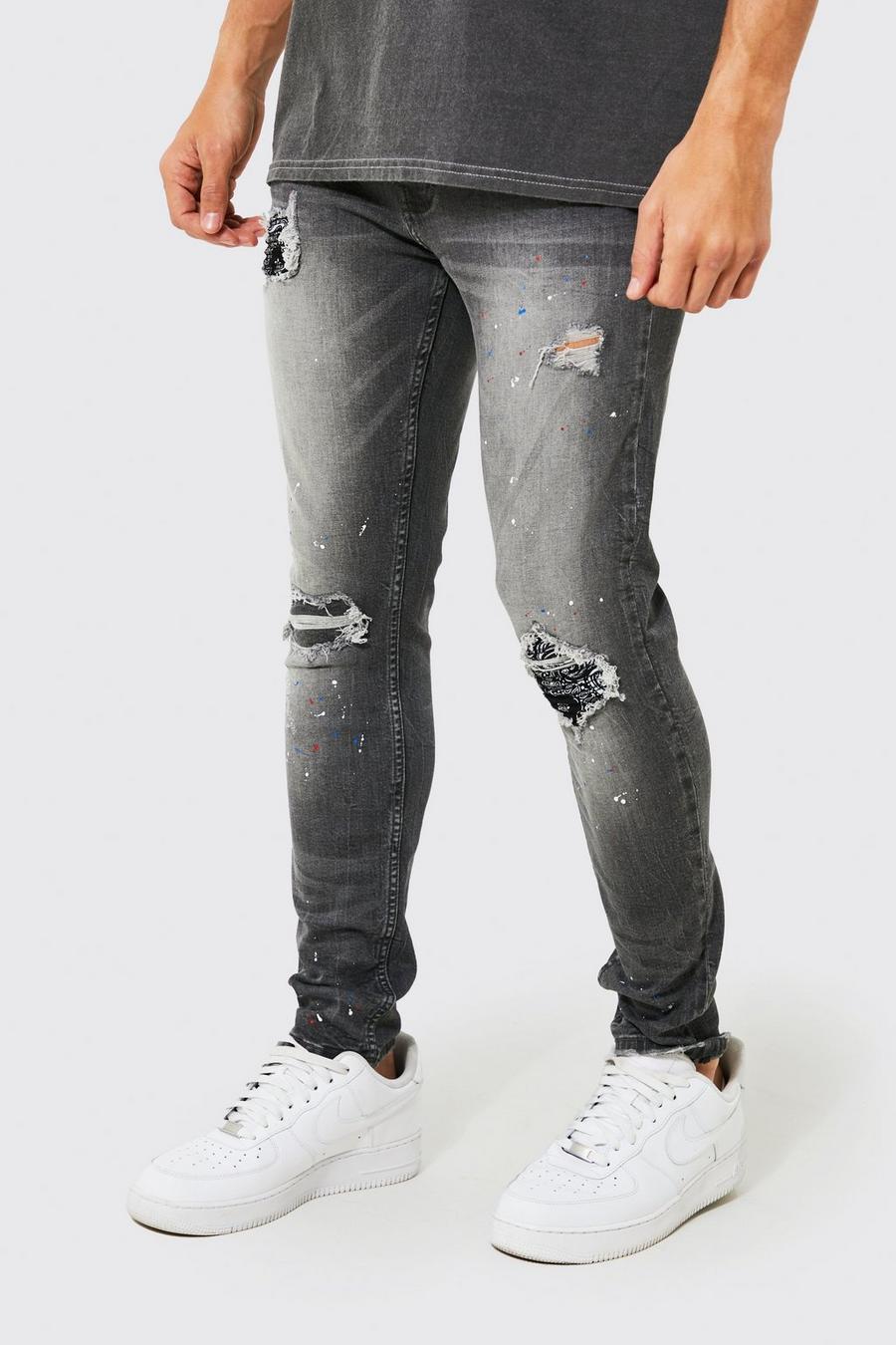 Jeans Stretch Skinny Fit in fantasia a bandana con strappi & rattoppi, Mid grey image number 1