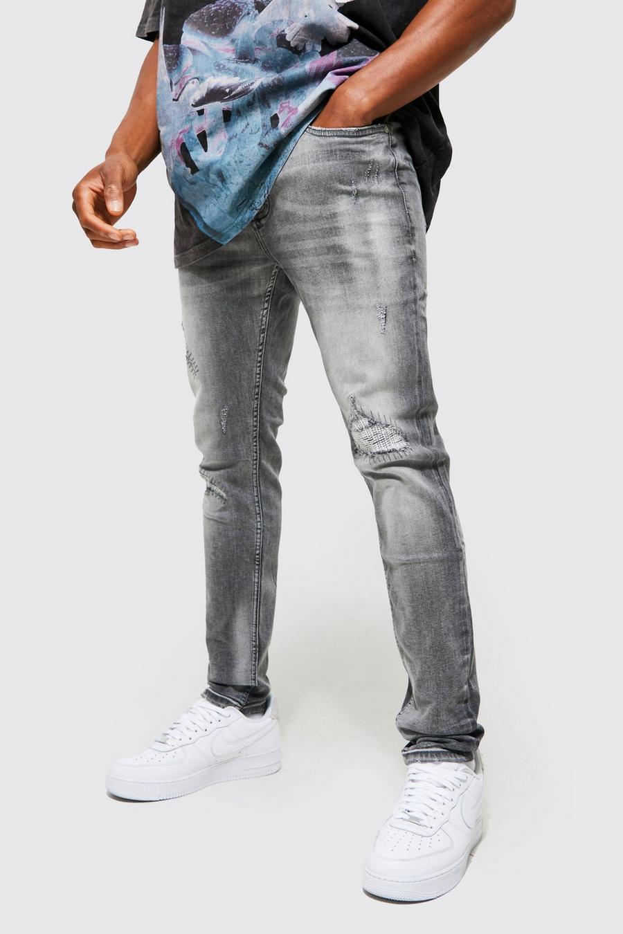 Mid grey Skinny Stretch Rip And Repair Stitched Jeans