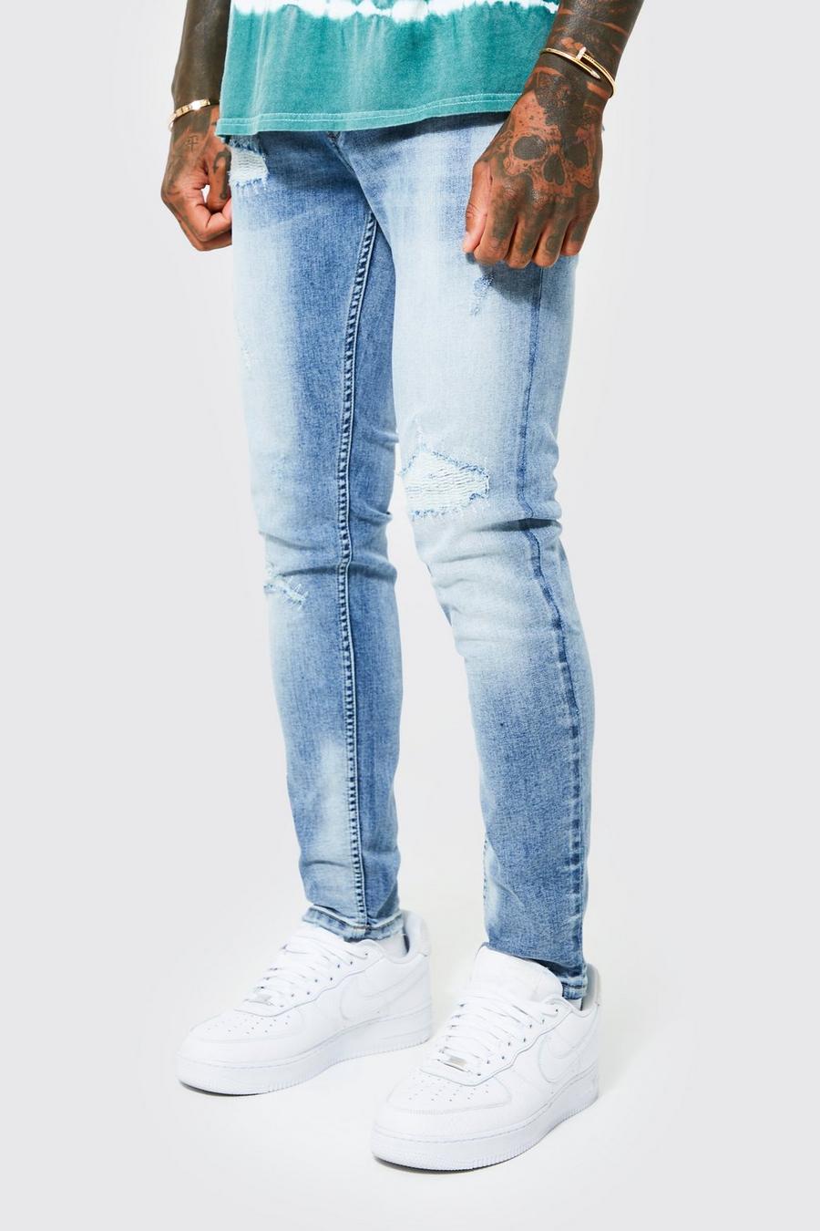 Light blue bleu Skinny Stretch Rip And Repair Stitched Jeans