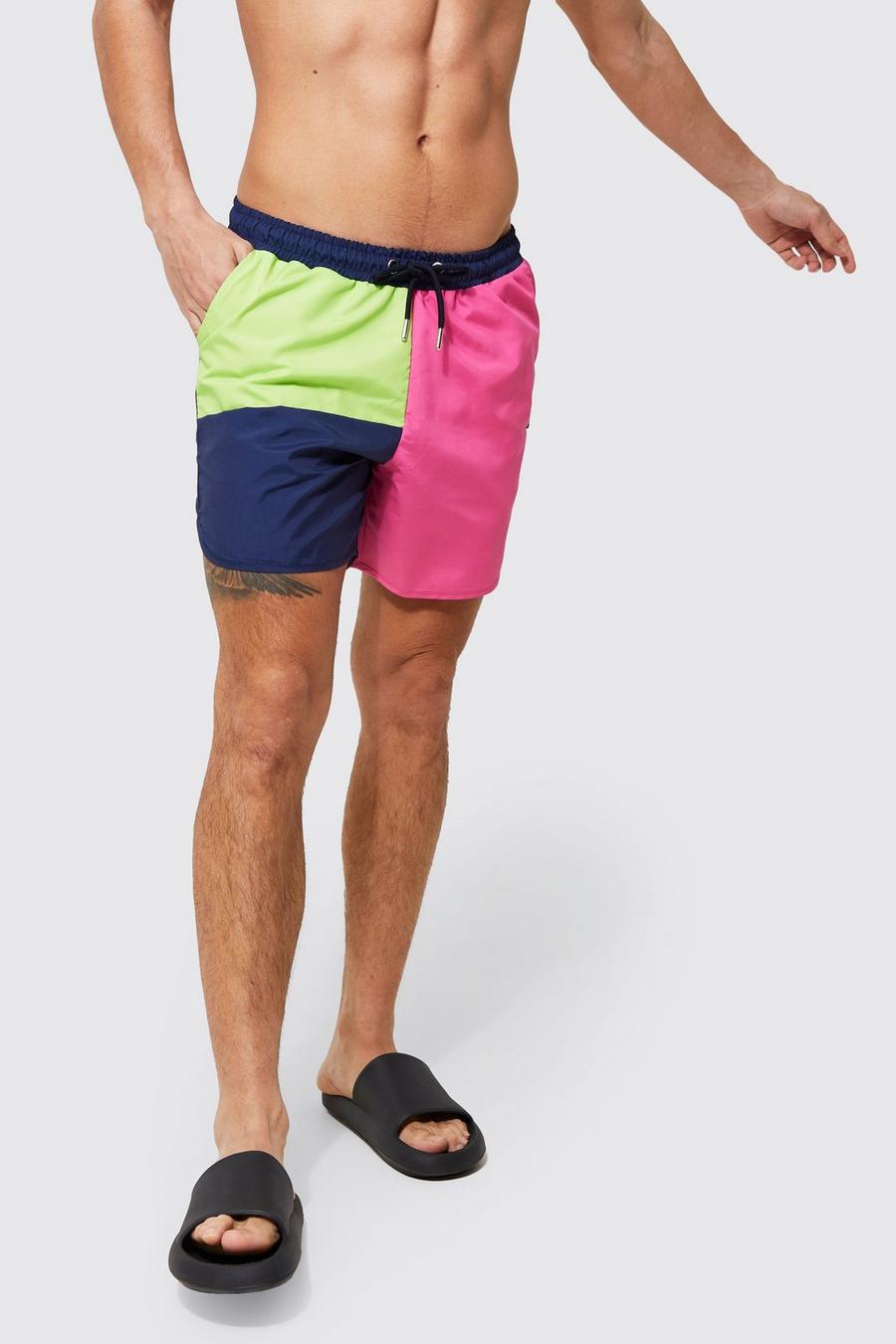 Pink Mid Length Colour Block Swim Shorts