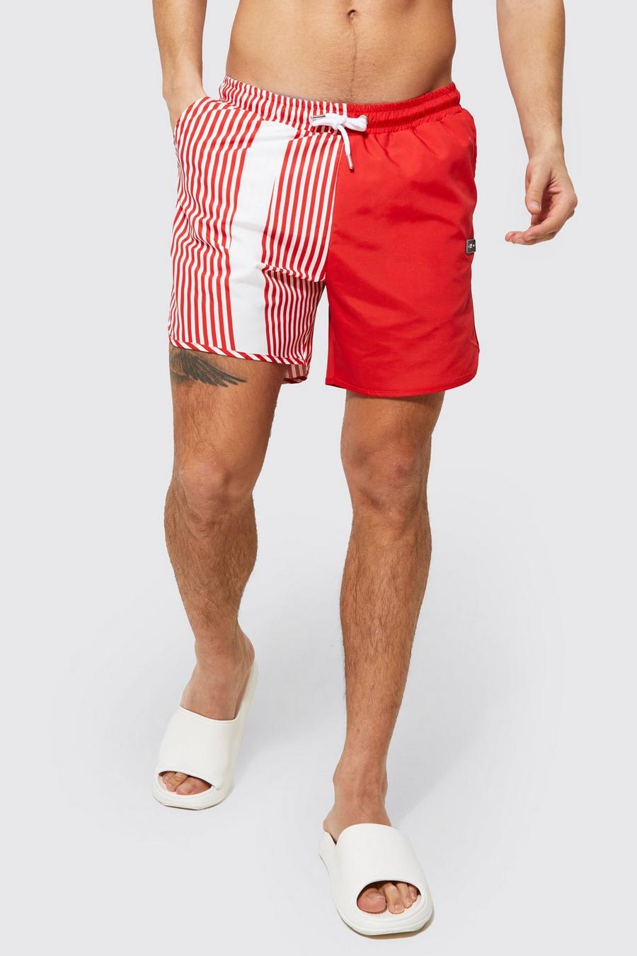 Red Spliced Stripe Mid Length Swim Shorts