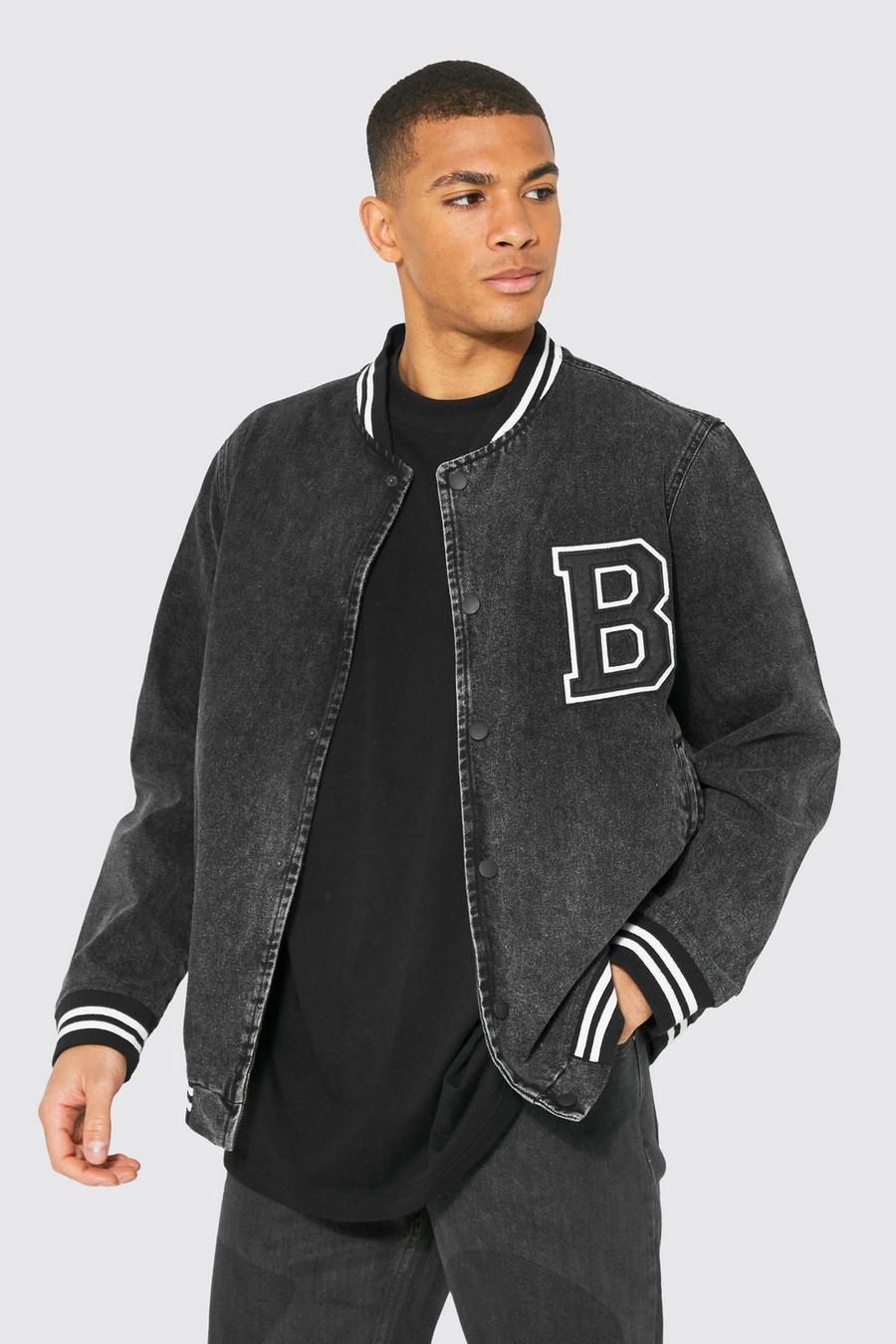 Charcoal Oversized Denim Varsity Jacket image number 1