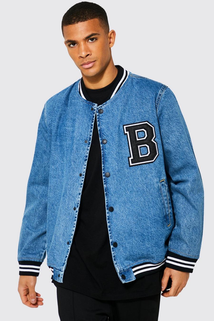 Mid blue Oversized Denim Varsity Jacket image number 1