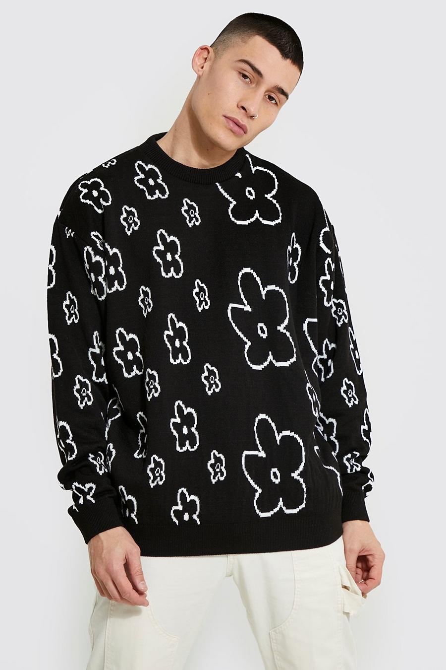 Oversize Pullover mit floralem Print, Black