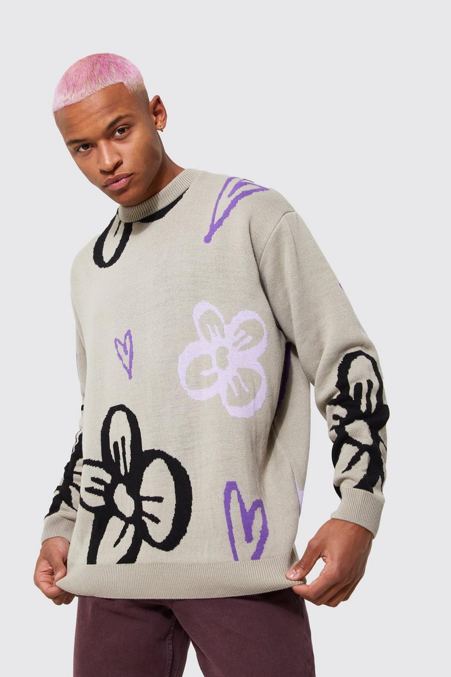Stone Oversized Floral Knitted Jumper image number 1
