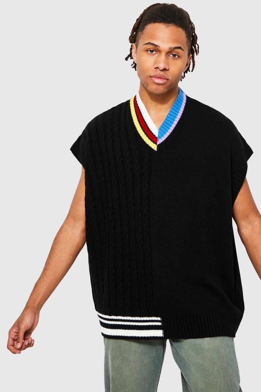 Black Oversized Spliced Varsity Knitted Vest image number 1