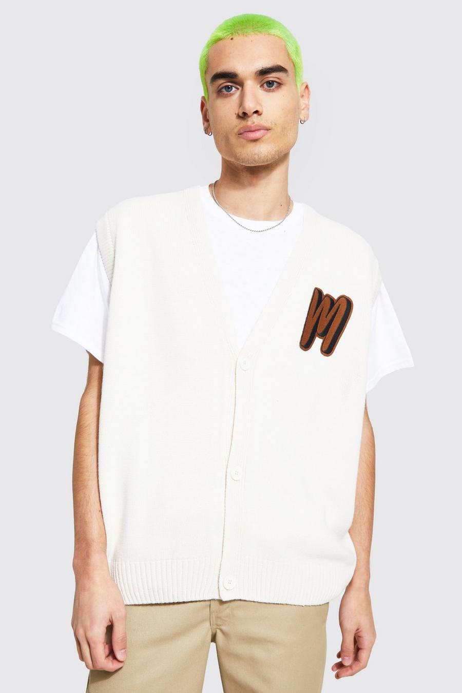 Ecru white Oversized Varsity Button Through Knitted Vest