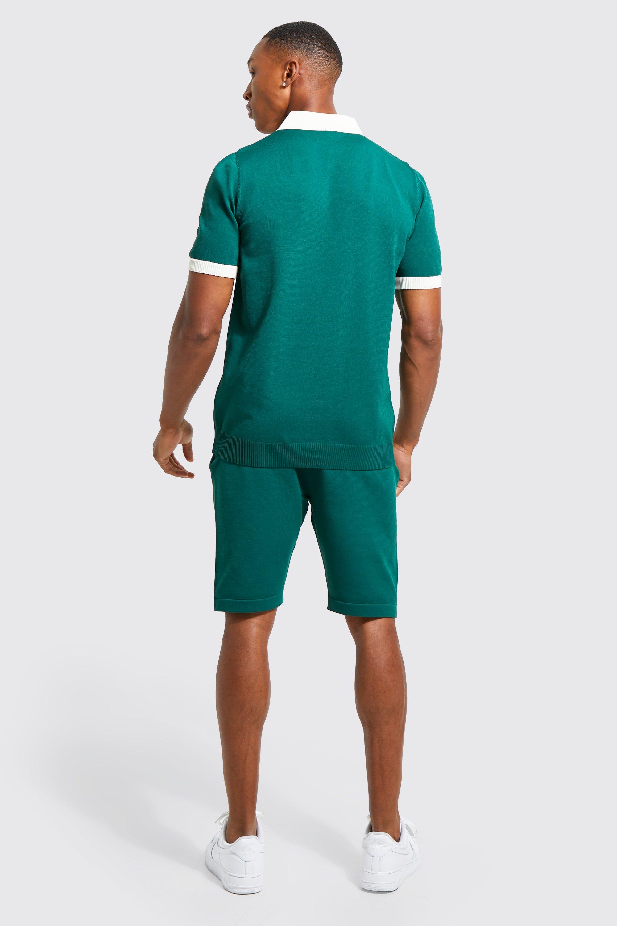 Short Sleeve Contrast Knit Polo & Shorts Set | boohoo