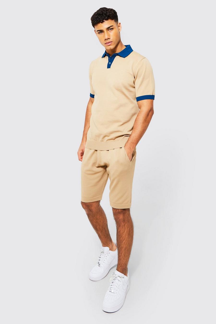 Taupe beige Short Sleeve Contrast Knit Polo & Shorts Set