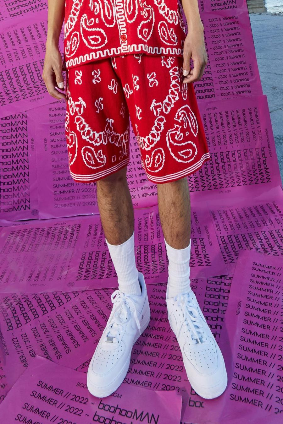 Red Oversized Bandana Basketball Knitted Shorts