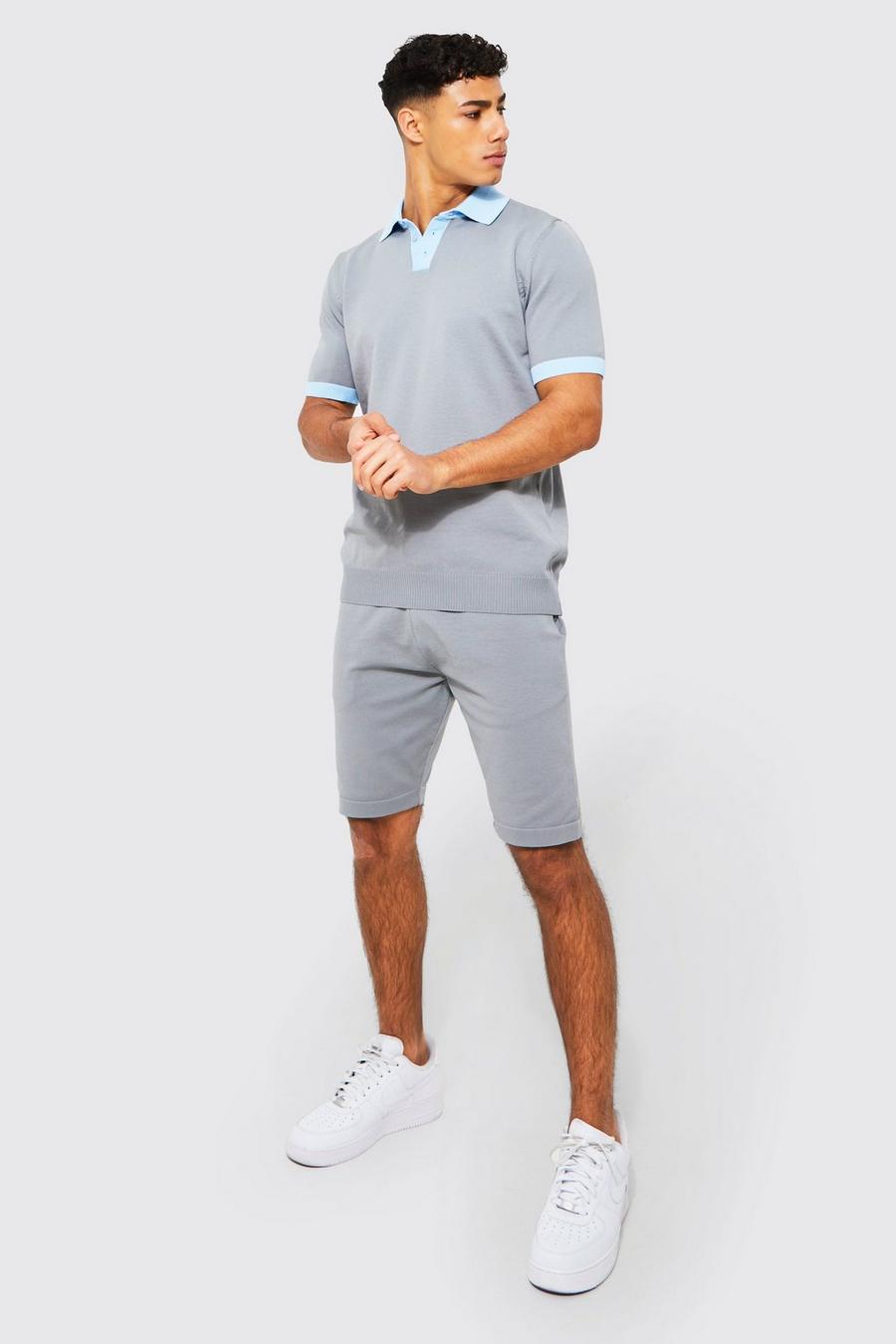 Charcoal grey Short Sleeve Contrast Knit Polo & Shorts Set