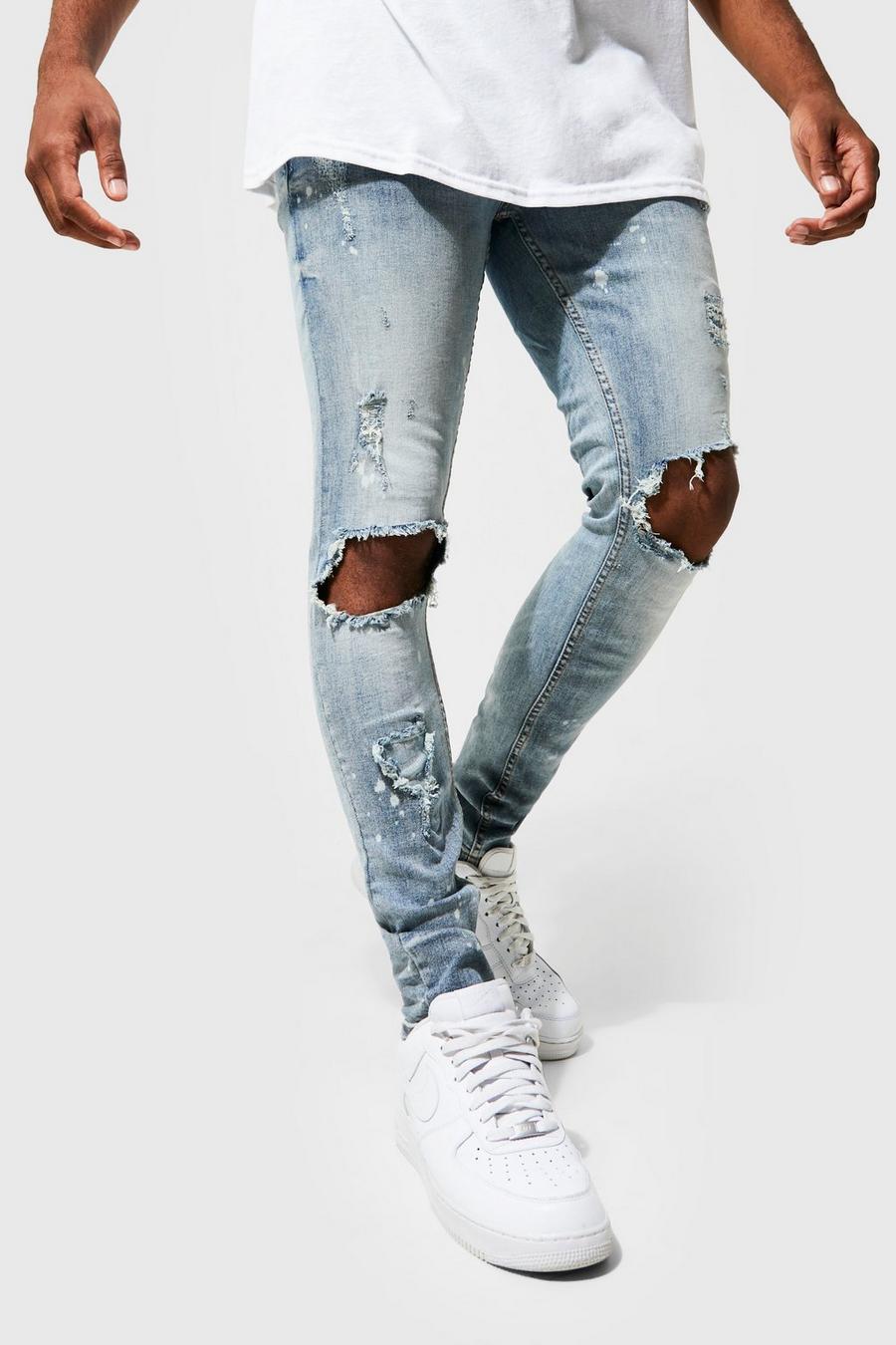 Antique blue Slitna skinny jeans med lagningar och stretch image number 1