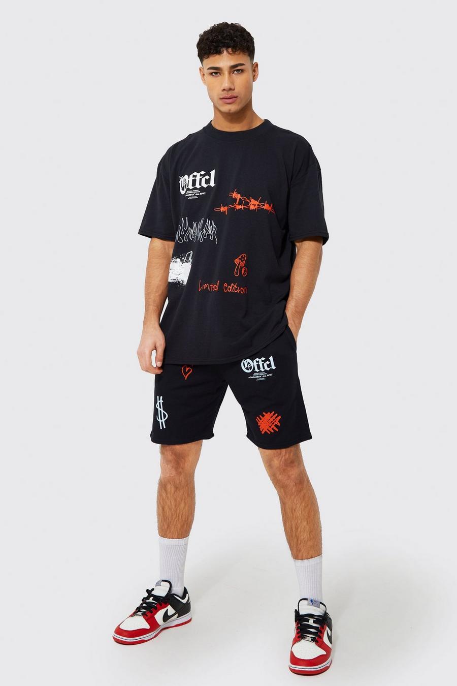 Black Oversized Graffiti T-Shirt En Shorts Set