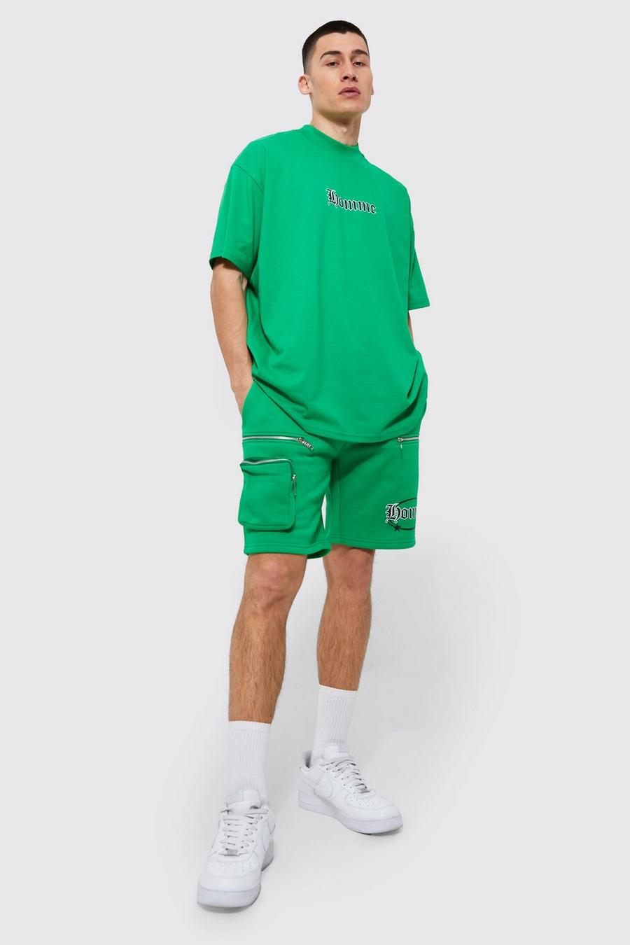 Conjunto oversize de pantalón corto cargo y camiseta Homme, Green gerde image number 1