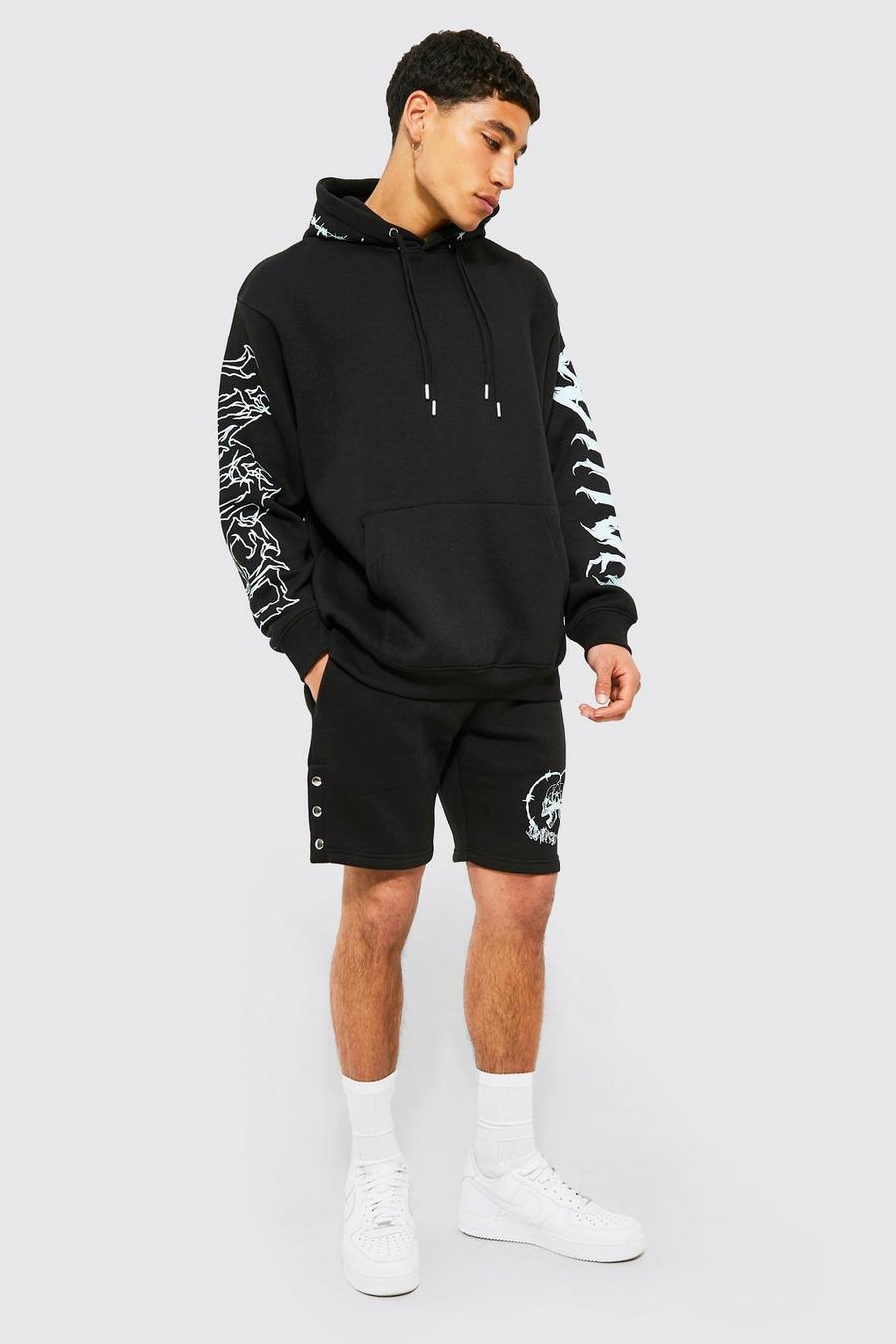 Black Oversized Barbed Wire Hoodie & Popper Short image number 1