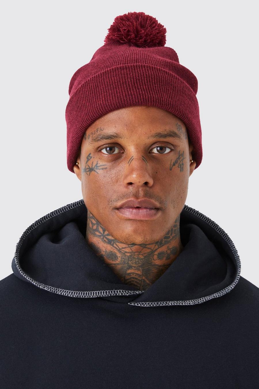 Burgundy red Flat Knit Bobble Beanie image number 1