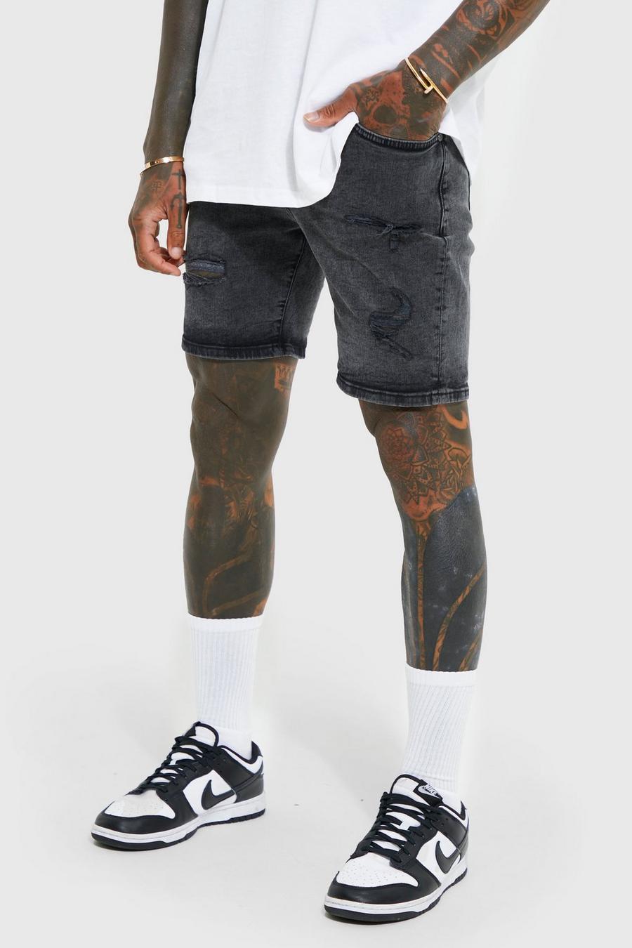פחם gris שורט סקיני מבד ג'ינס נמתח עם קרעים וטלאים